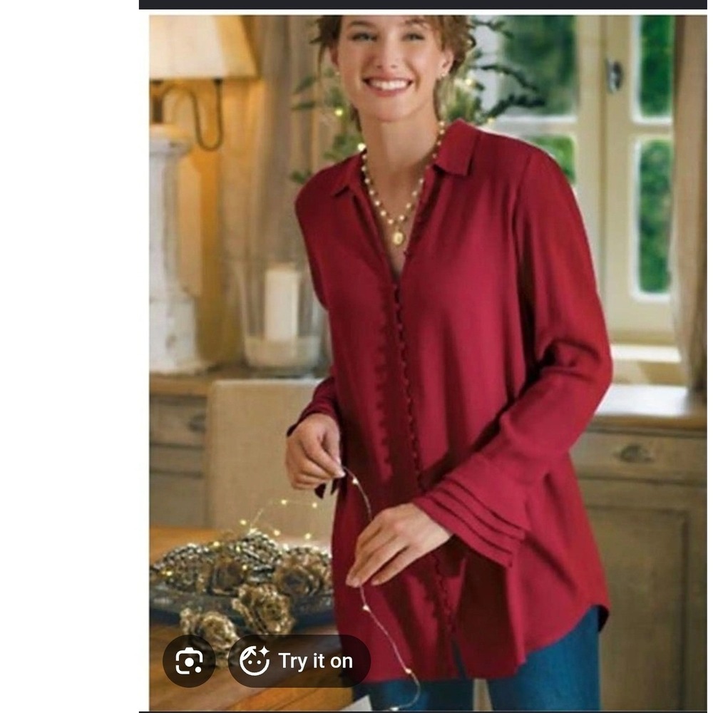Soft Surroundings Red Rayon Ruffle Cuff Button Front Blouse Tunic 2AT59 Womens L